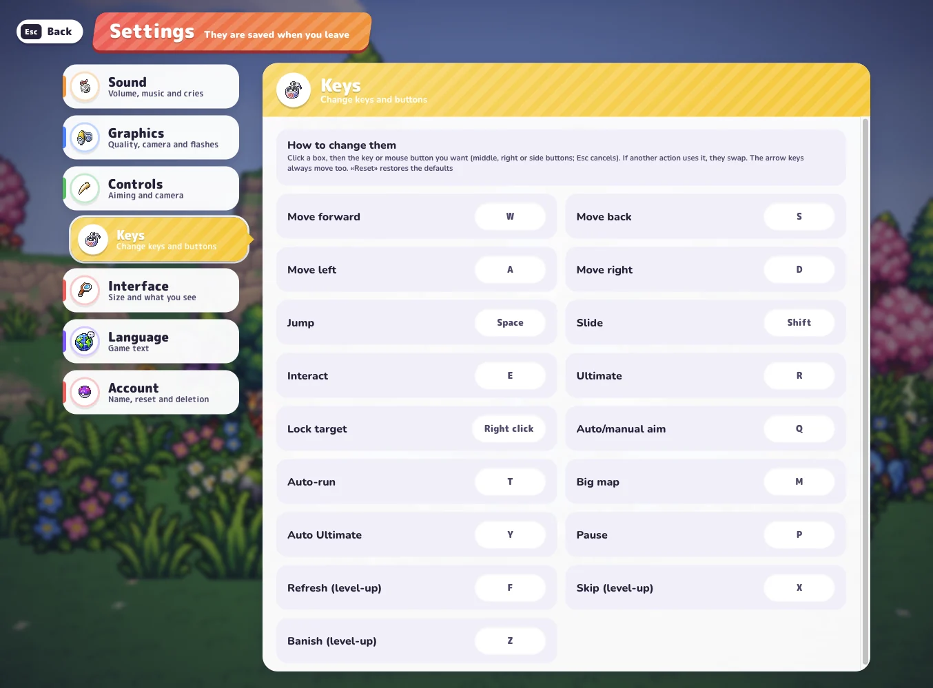 The Keys settings panel listing the default bindings for movement, Ultimate, pause and level-up actions