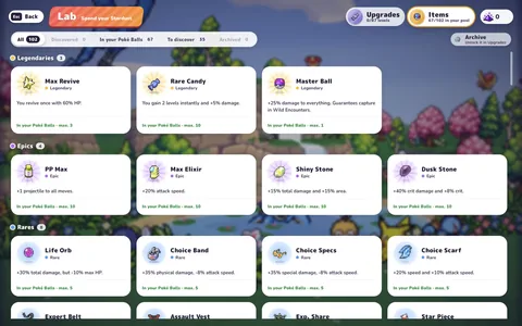 The Lab items catalog with Max Revive, Rare Candy and Master Ball