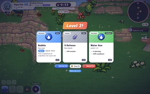 A level-up offering Bubble, X Defense and a Water Gun upgrade