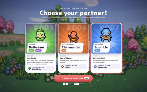 The Choose your partner screen with Bulbasaur, Charmander and Squirtle