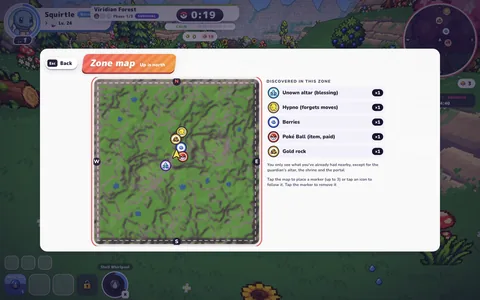The zone map with discovered locations and Poké Balls
